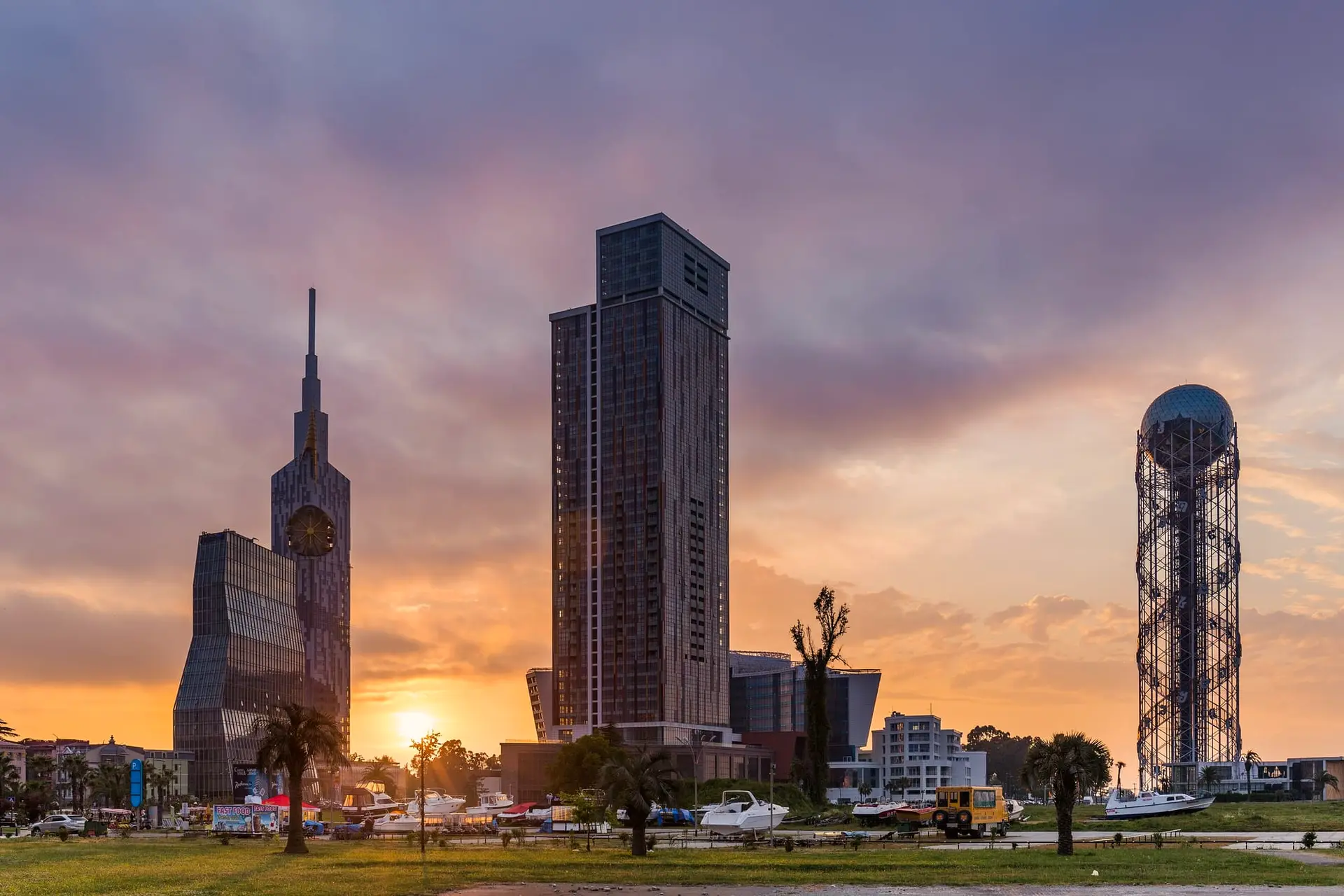 Batumi high-rises and the Alphabet Tower at sunset