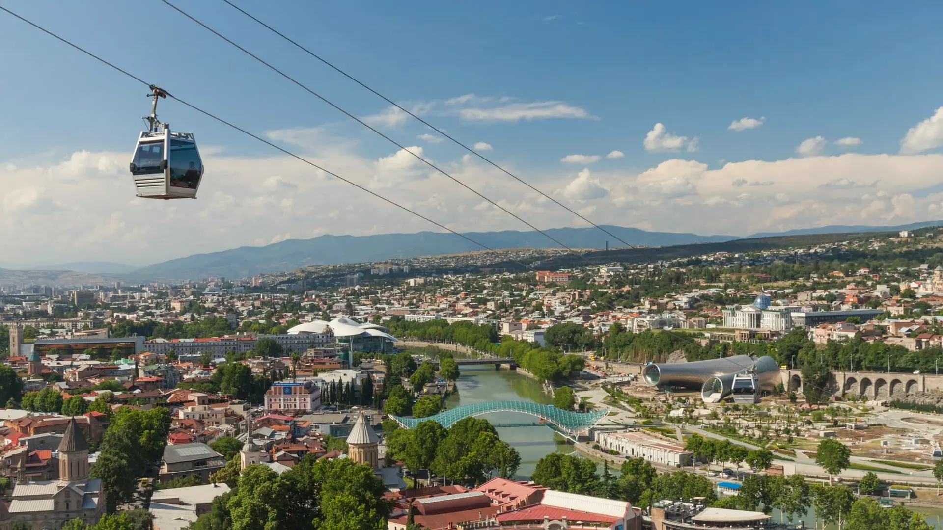 The cable car to Narikala over Tbilisi, with the Bridge of Peace and Rike Park below