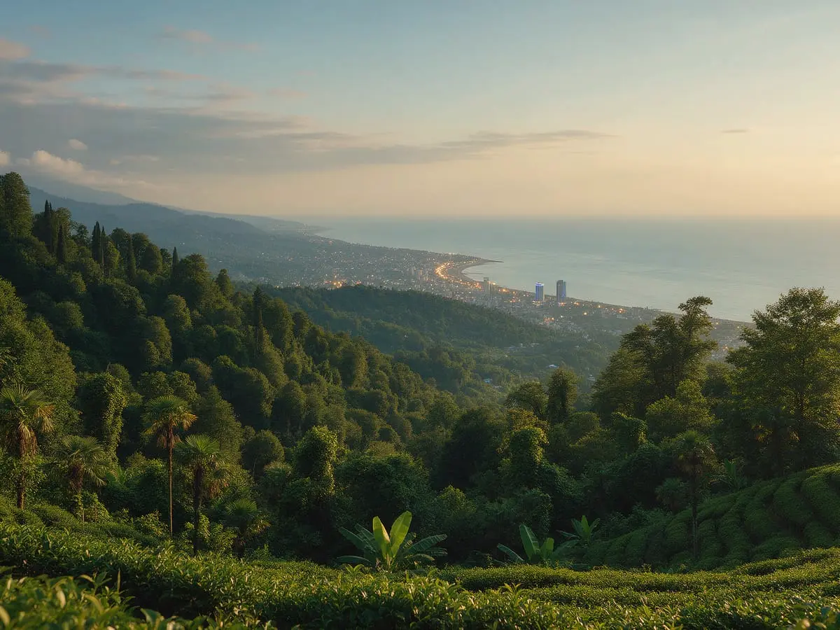 Tea terraces in the Adjara hills with Batumi and the Black Sea below