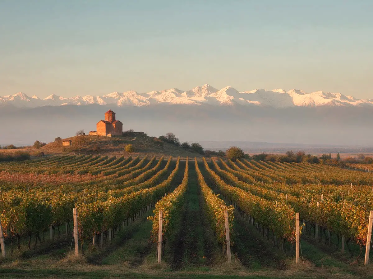 Vineyards in the Alazani Valley with the Caucasus behind
