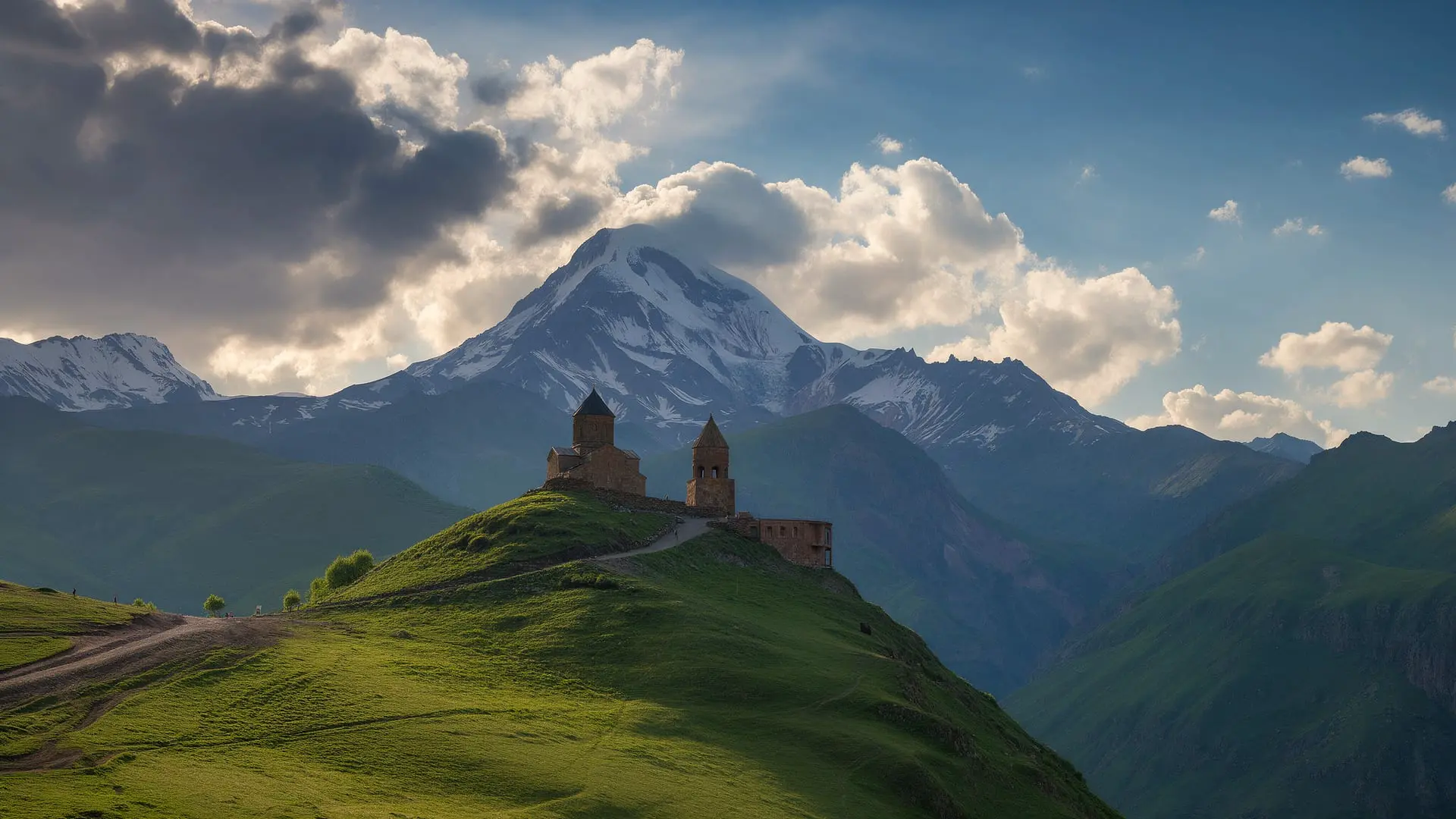 Gergeti Trinity Church with Mount Kazbek behind it