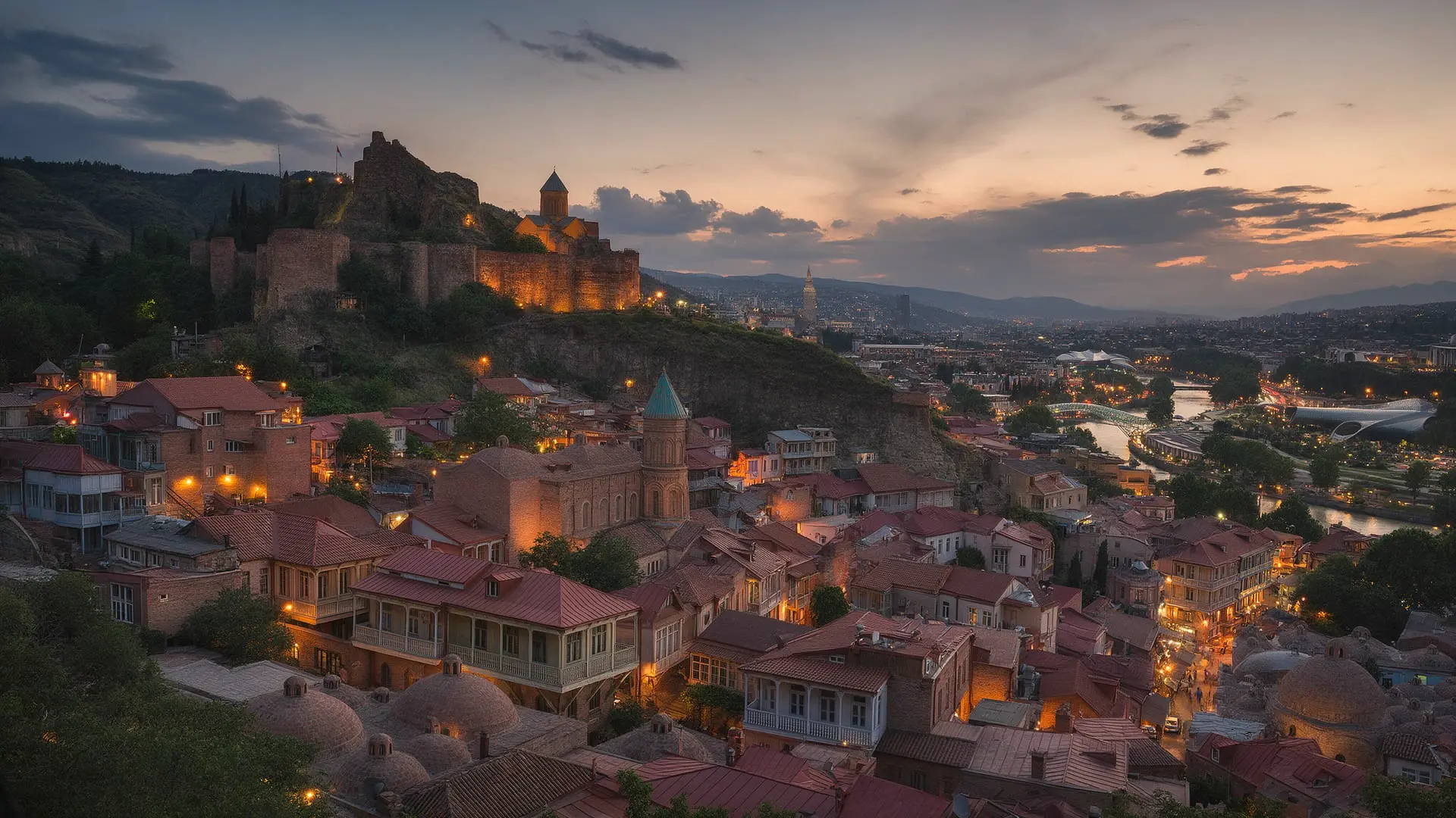 Tbilisi old town and the Mtkvari river at dusk