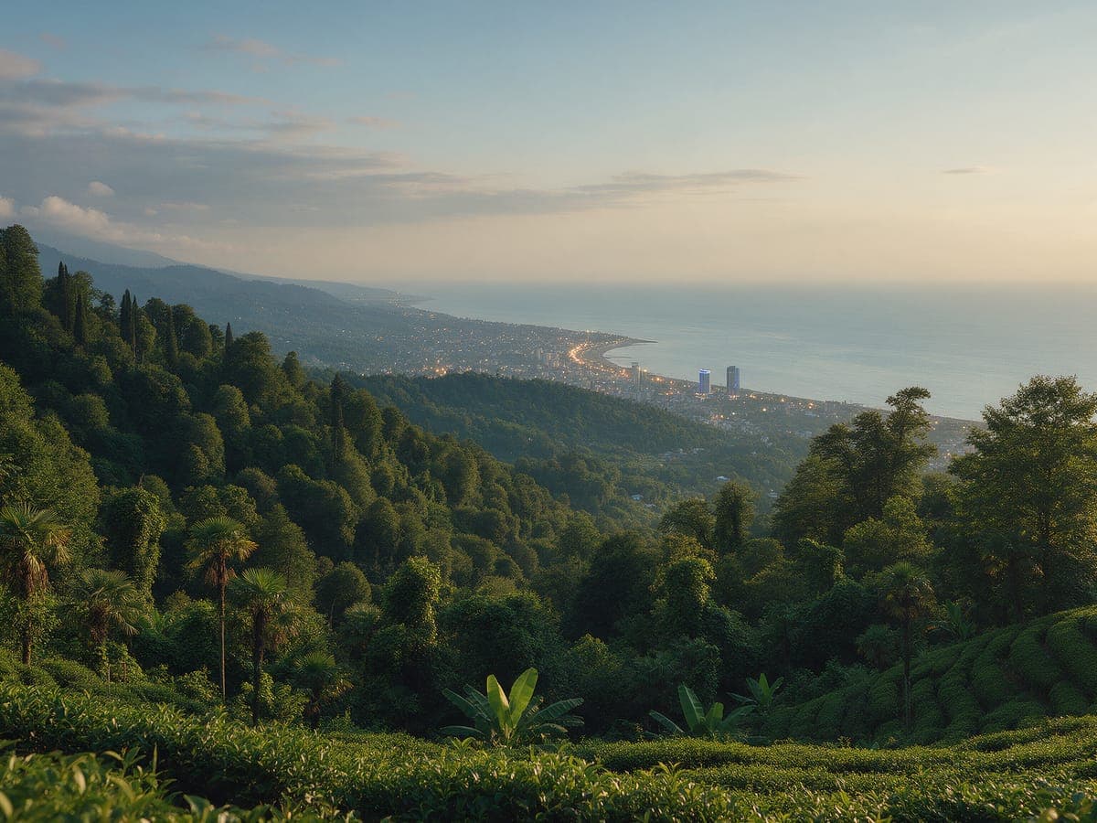 Tea terraces in the Adjara hills with Batumi and the Black Sea below