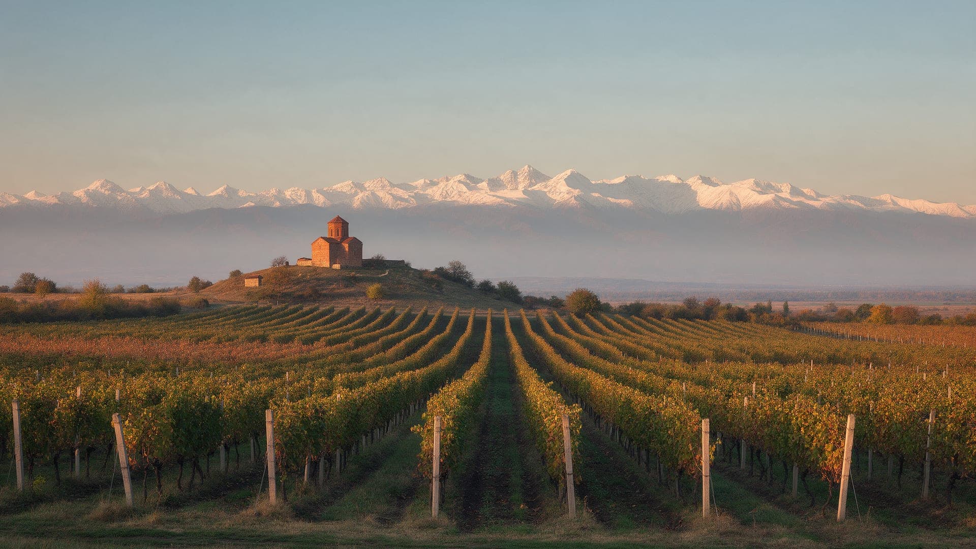 Vineyards in the Alazani Valley with the Caucasus behind